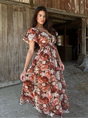BaeVely Lane 201 Rustic Romance Brown Tan Floral Cottagecore Midi Dress Medium